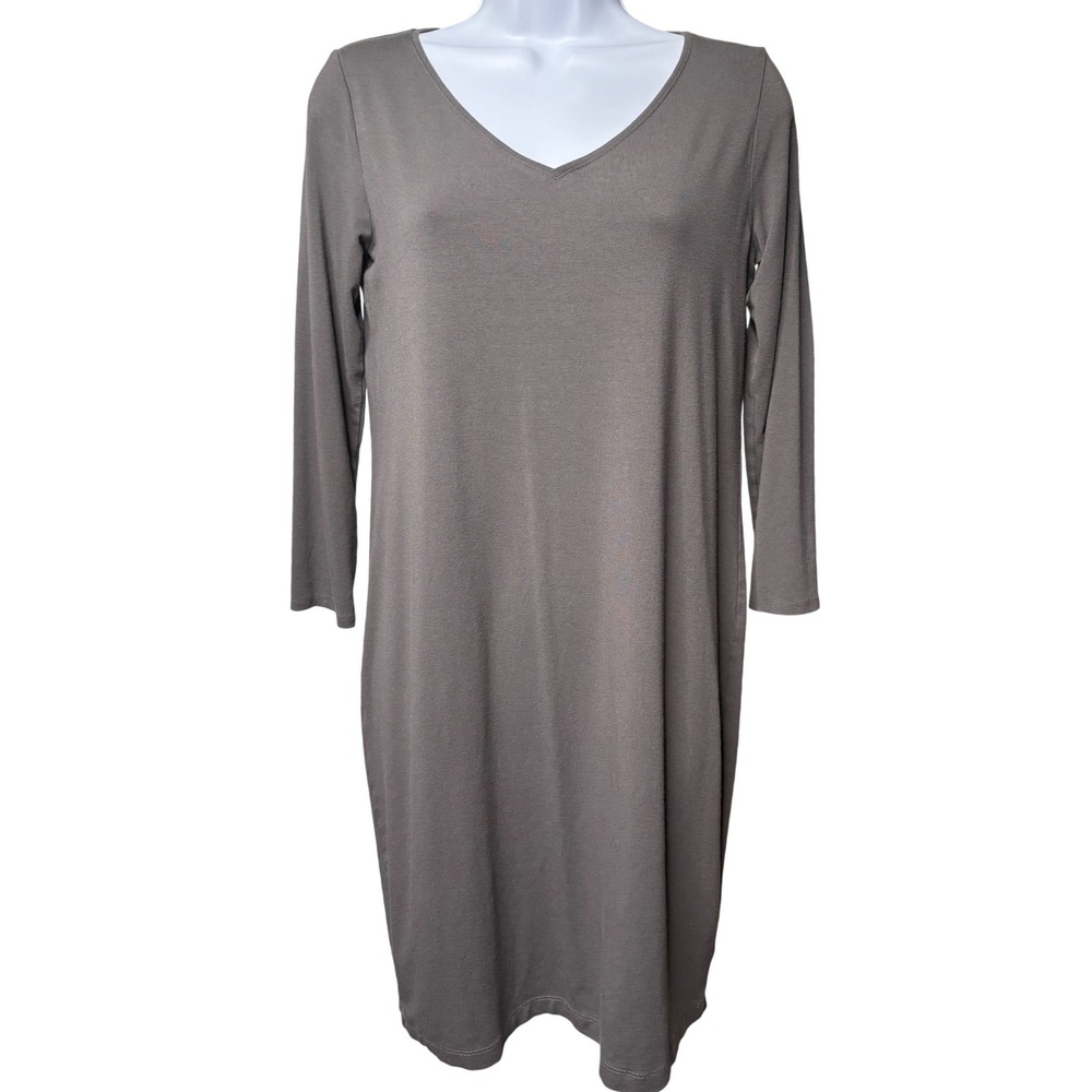 EILEEN FISHER Womens Gray V-Neck Shift Dress Sz XS Minimalist-Chic Quiet Luxury